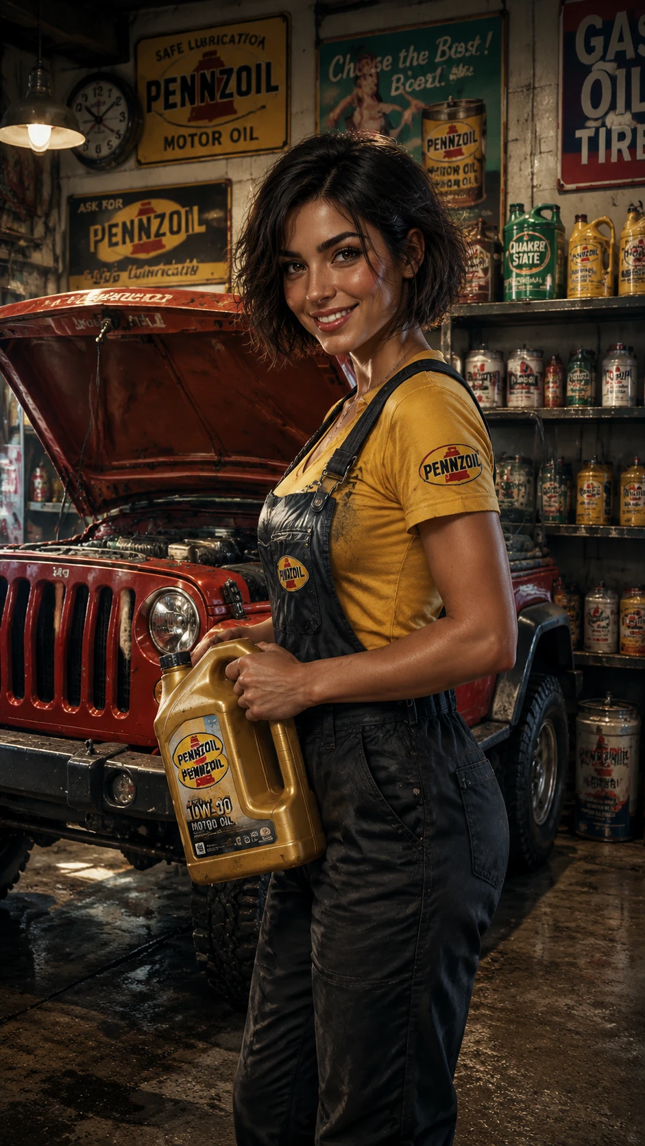 Meccanica sorridente con jeep in officina vintage per cambio olio