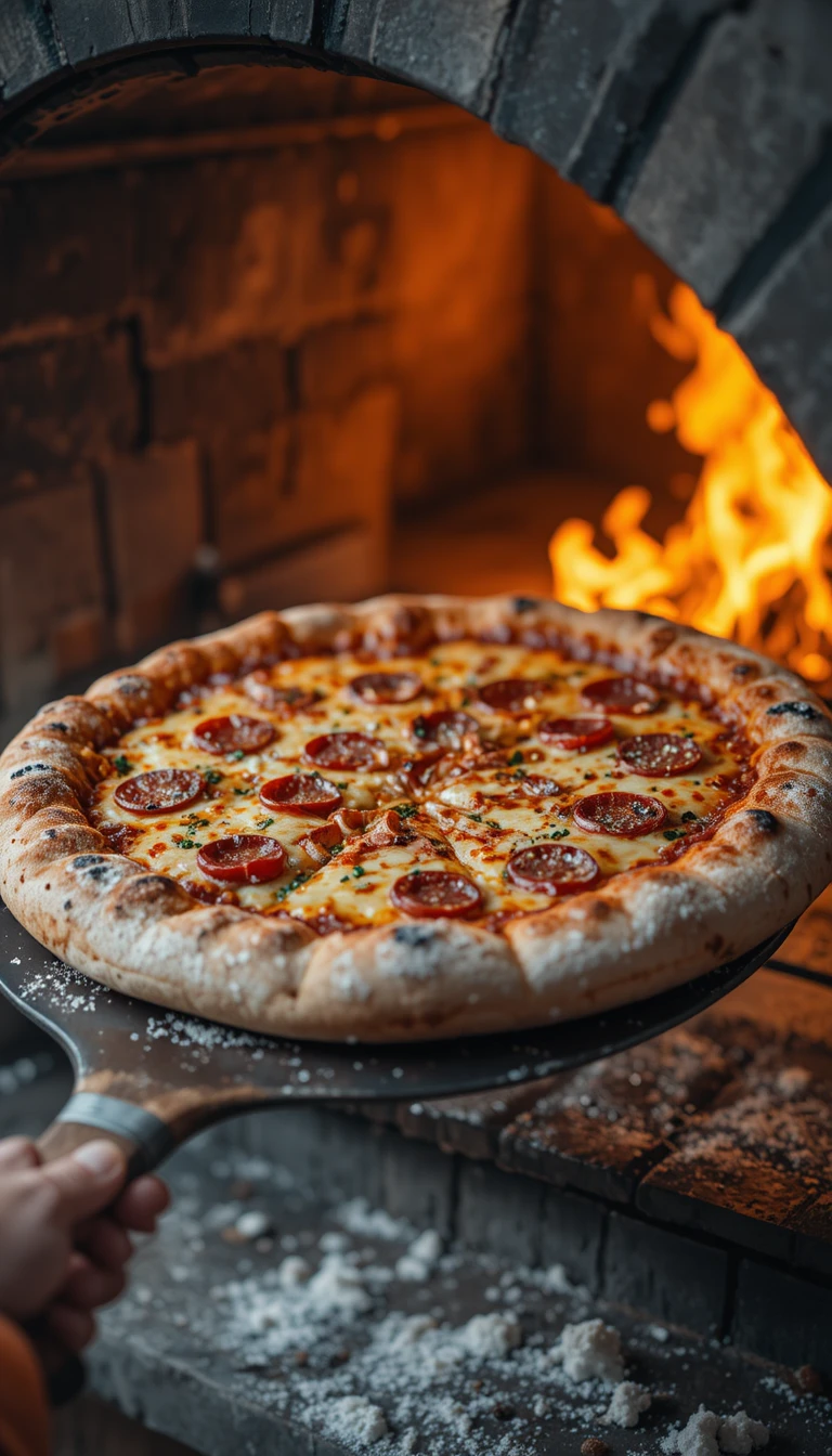Pizza sacada de horno rústico de leña en primer plano