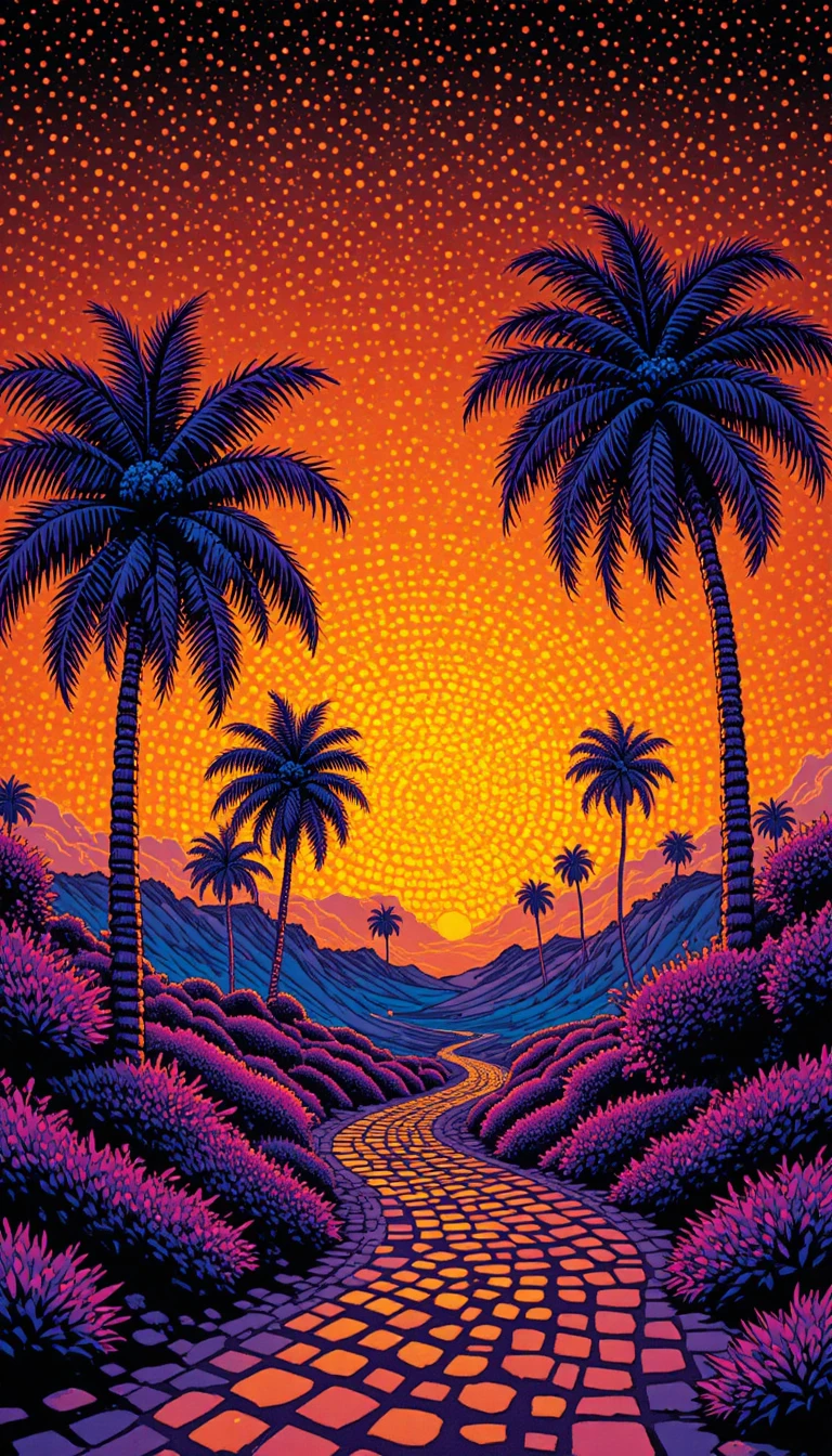 Psychedelic Sunset Landscape With Purple Palm Trees And Dotted Path