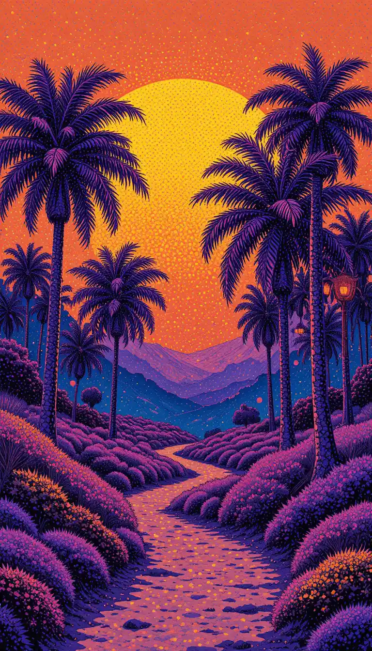 Psychedelic Sunset Landscape With Dotted Palms And Glowing Path