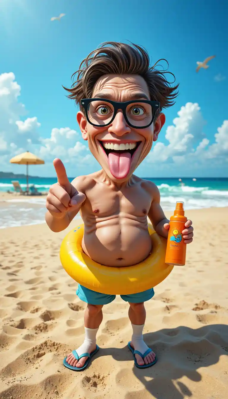 Grotesque 3D beach caricature pointing with sunscreen bottle