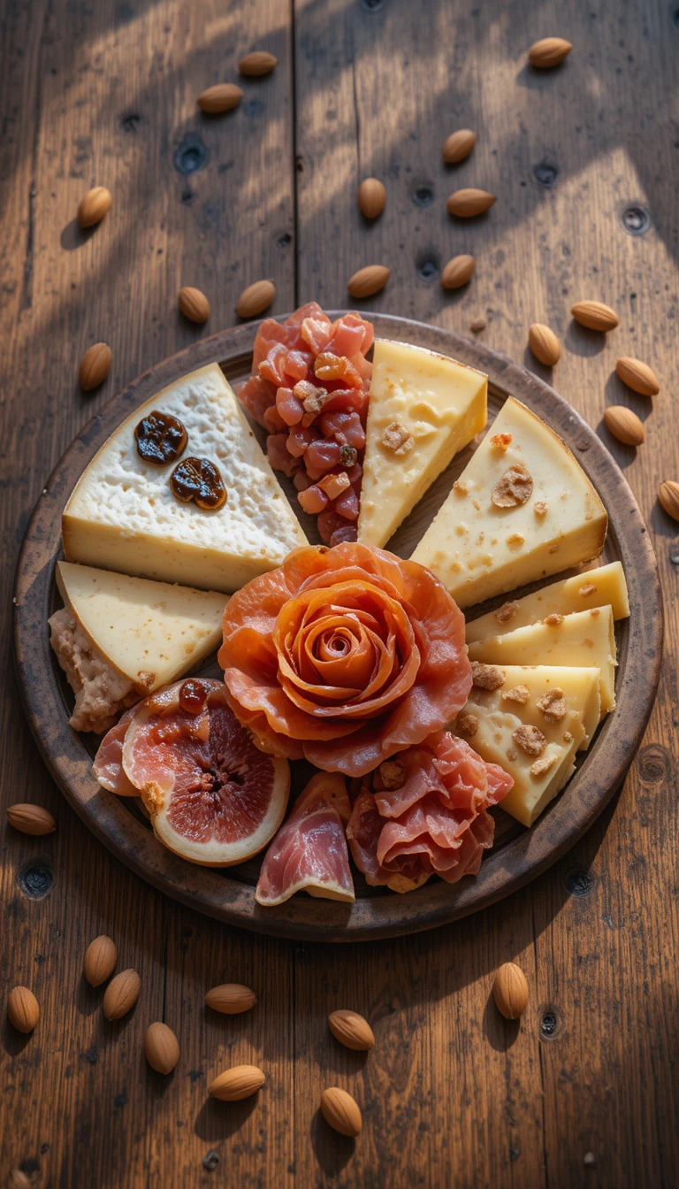 Cheese Platter With Prosciutto Roses And Fig Jam From Above
