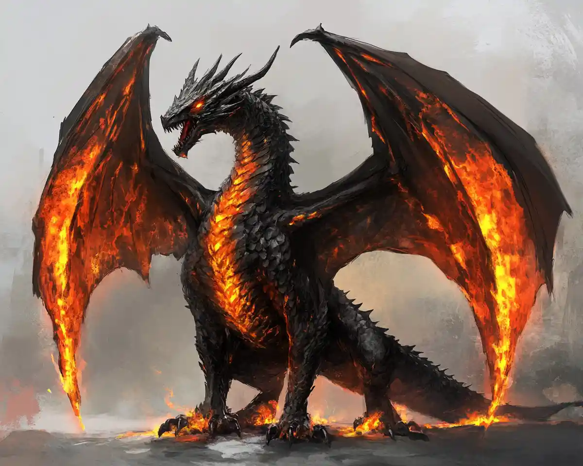 Black dragon with fiery glowing wings and chest