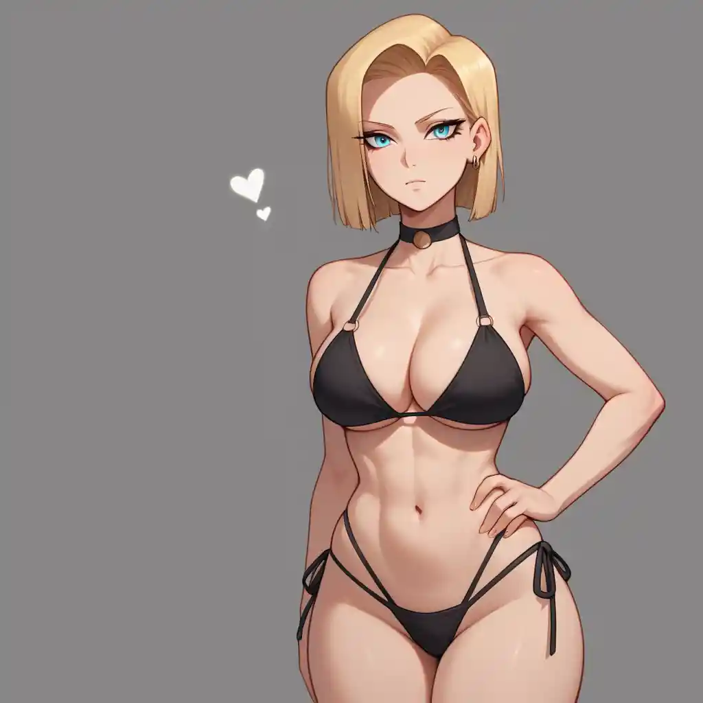 Blonde anime woman in aqua bikini with confident pose