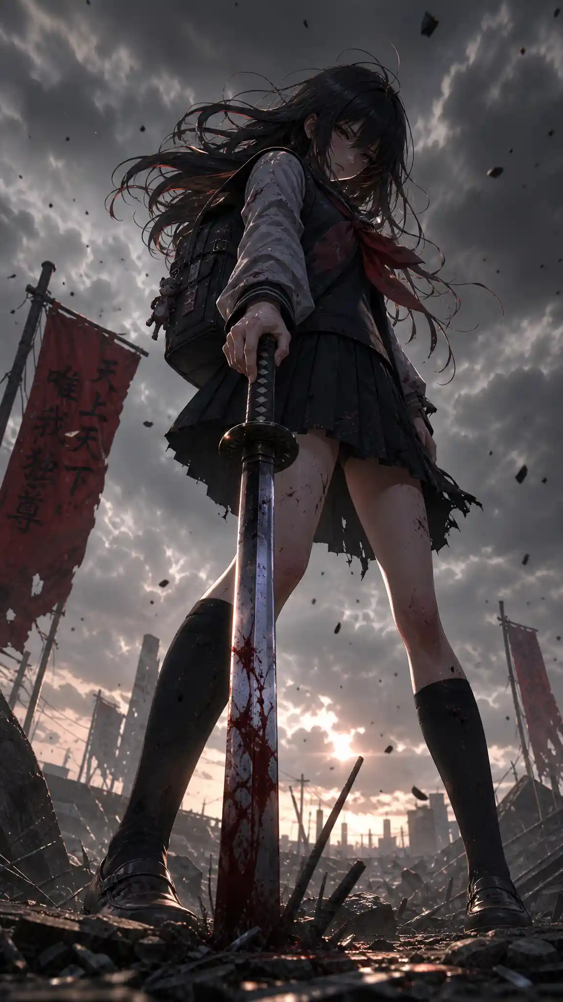 Anime schoolgirl driving a katana into the ground