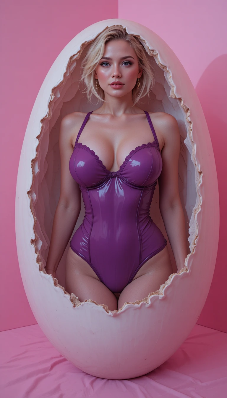 Mature blonde woman emerging from latex egg in pink room