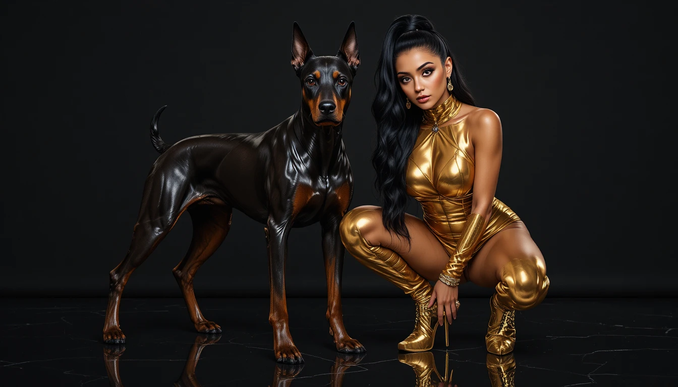 Glamorous woman in gold bodysuit with doberman in studio