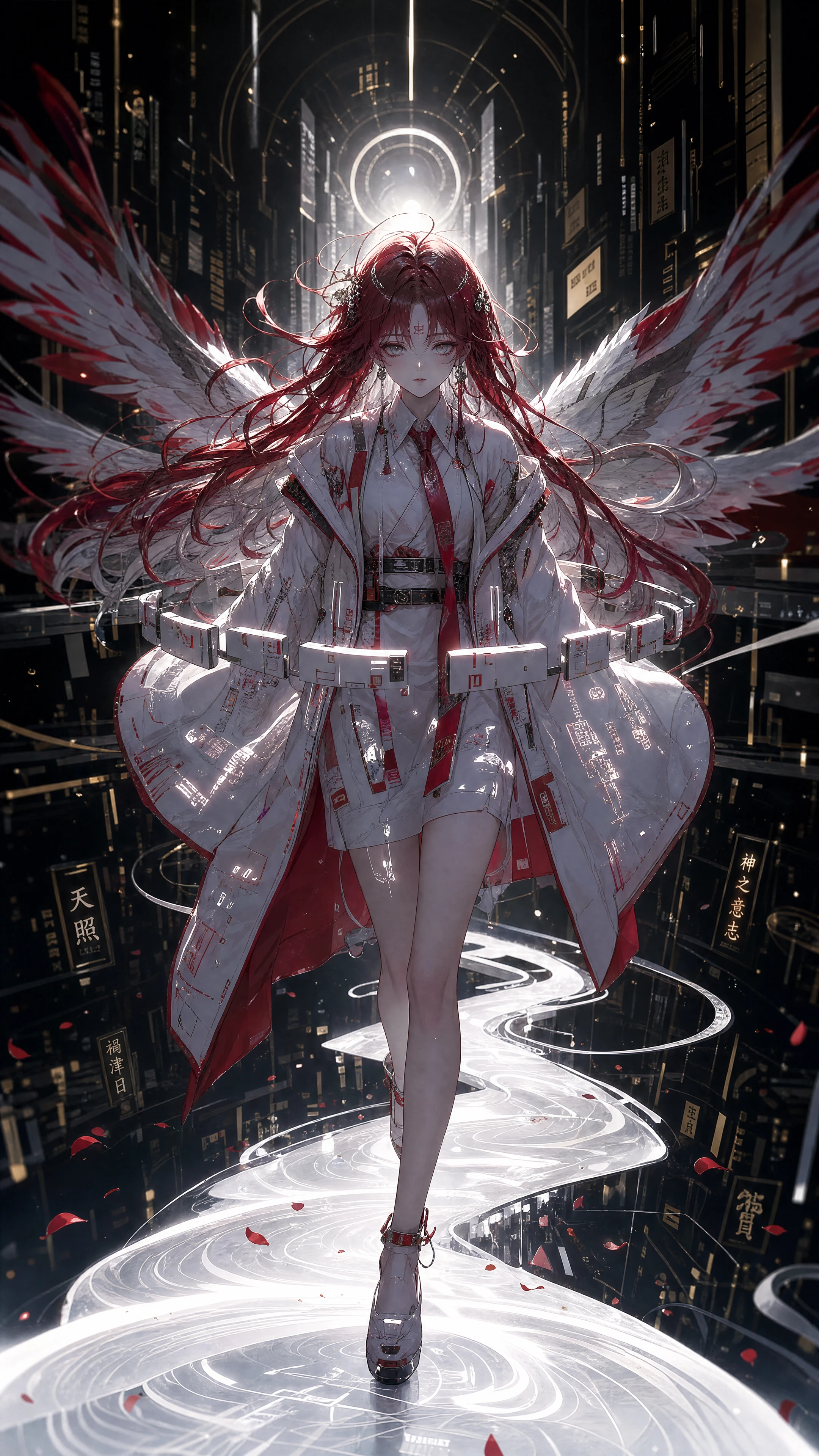 Melancholic winged woman walking along glowing cyber path