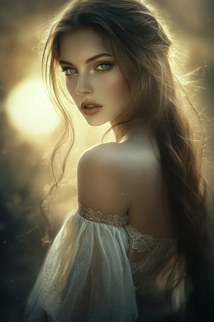 Mystical woman emerging from golden dreamlike fog
