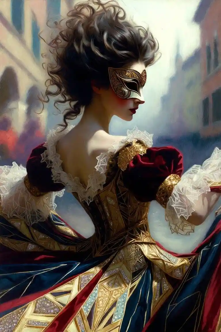 Masked italian woman dancing in surreal fantasy painting