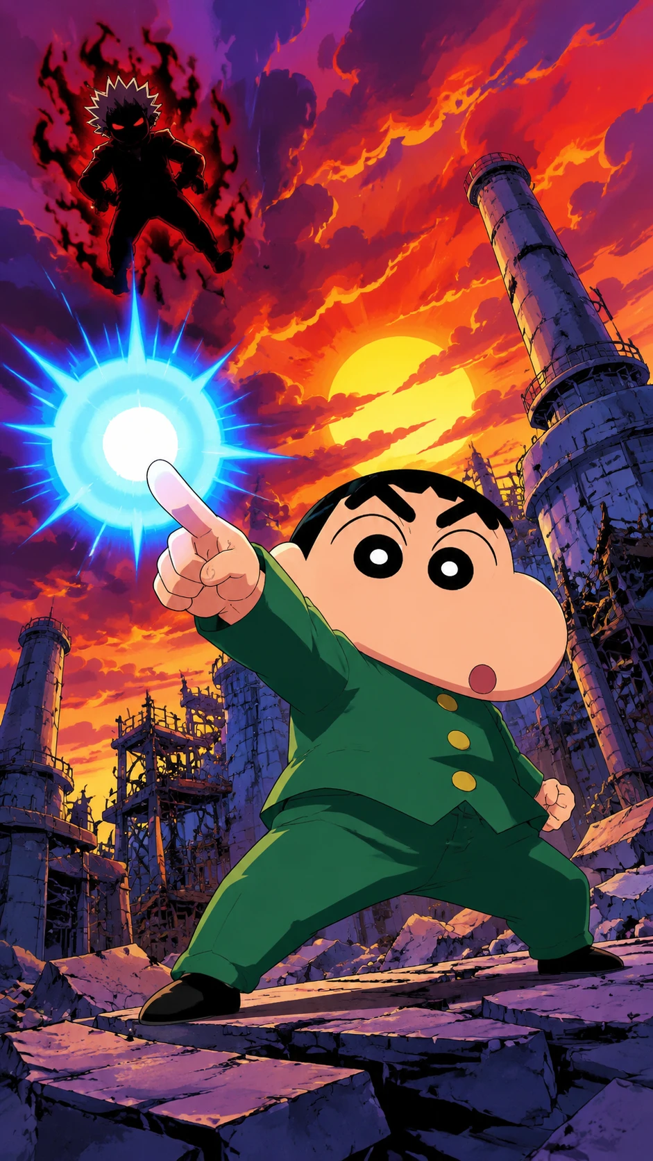 Cartoon boy firing blue energy blast in industrial ruins