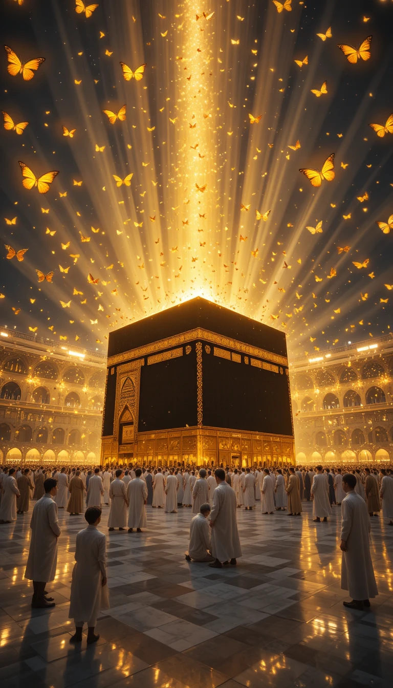 Holy Kaaba With Golden Butterflies And Radiant Sky Light