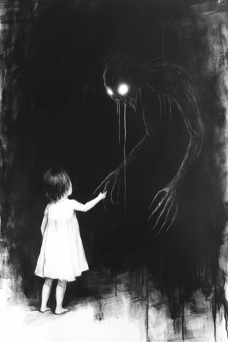 Charcoal horror scene of a shadow figure and terrified child