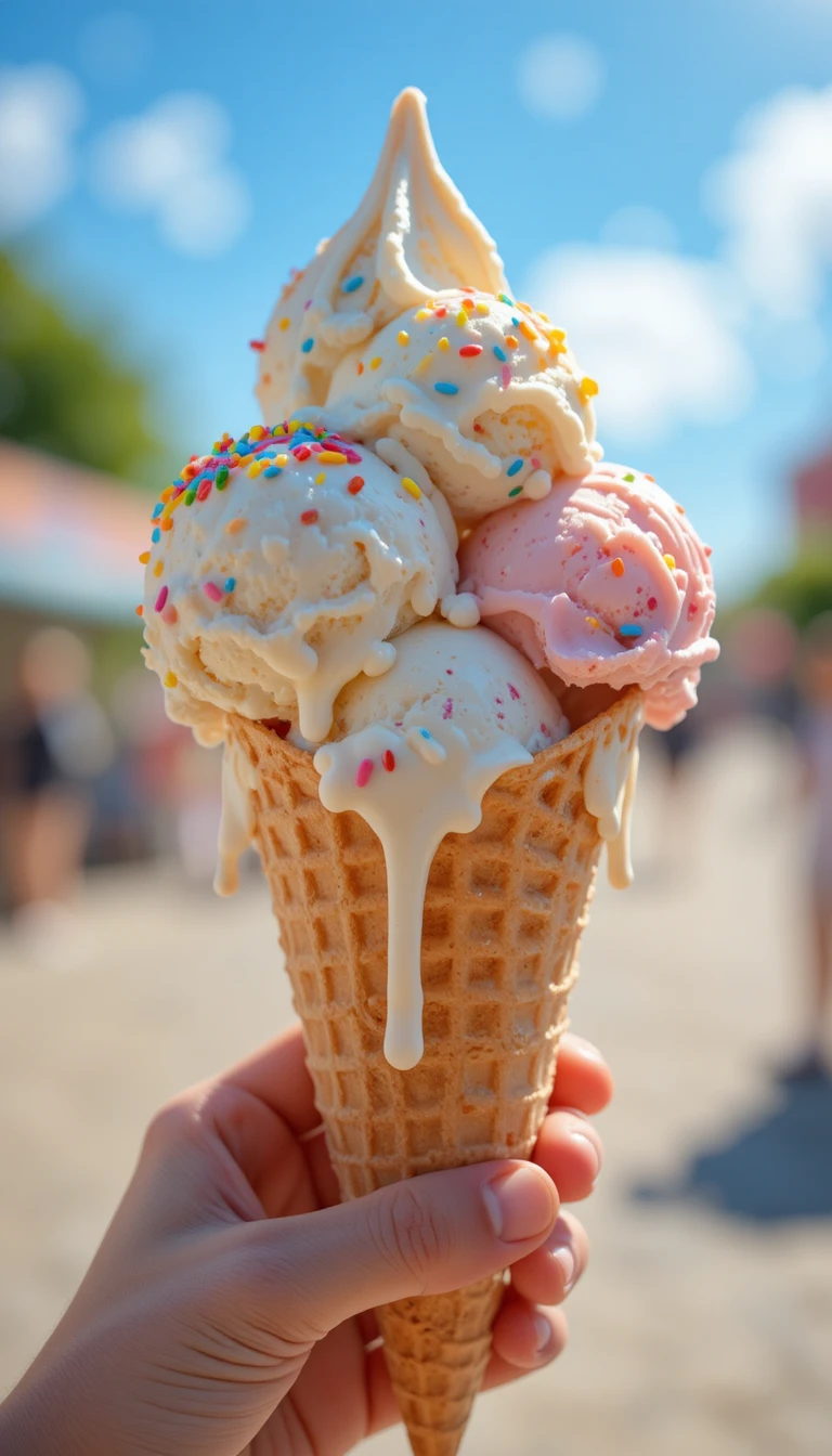Cono de helado derritiéndose con chispas a la luz del verano