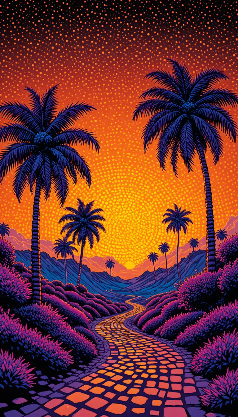 Psychedelic Sunset Landscape With Purple Palm Trees And Dotted Path