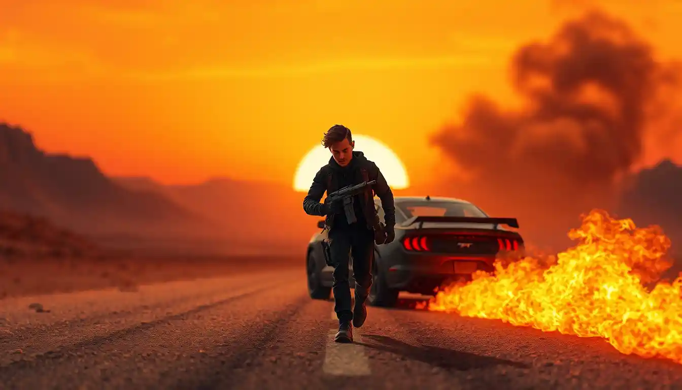 Armed man walking alone on a burning desert road