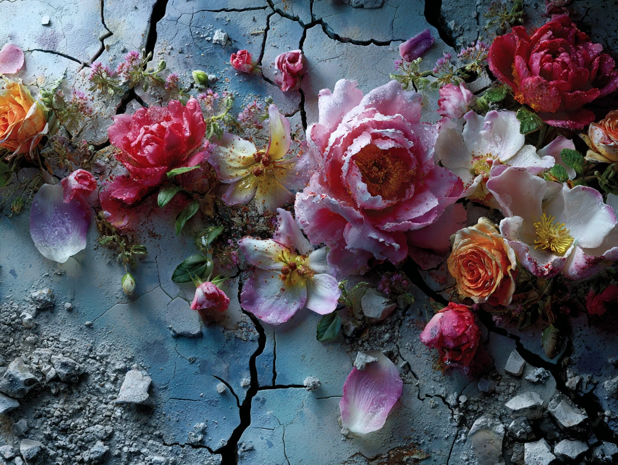 Cinematic close up of flowers emerging from cracked concrete