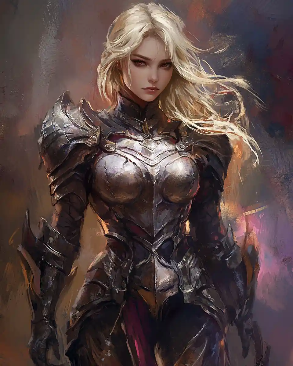 Tall blonde female warrior in glowing fantasy armor