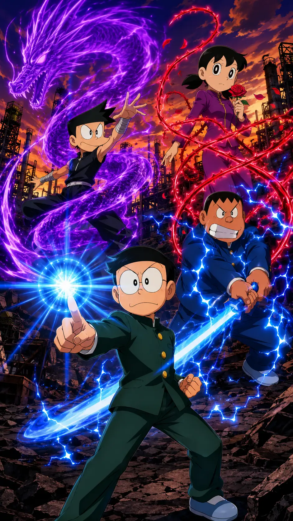 Anime heroes unleash elemental powers in ruined factory