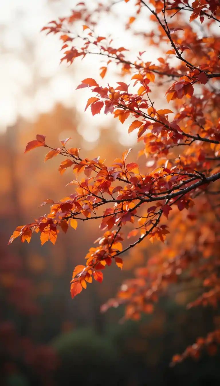 Autumn tree branch with warm bokeh lights in background