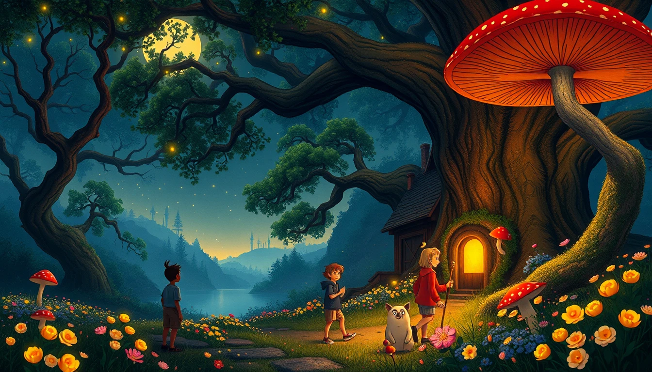 Whimsical children exploring a glowing enchanted forest