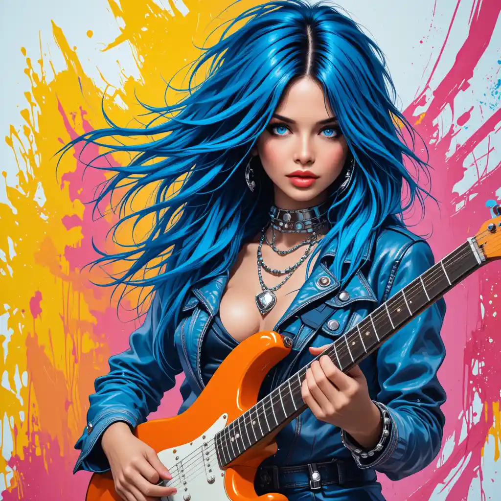 Blue haired girl playing electric guitar with bold colors