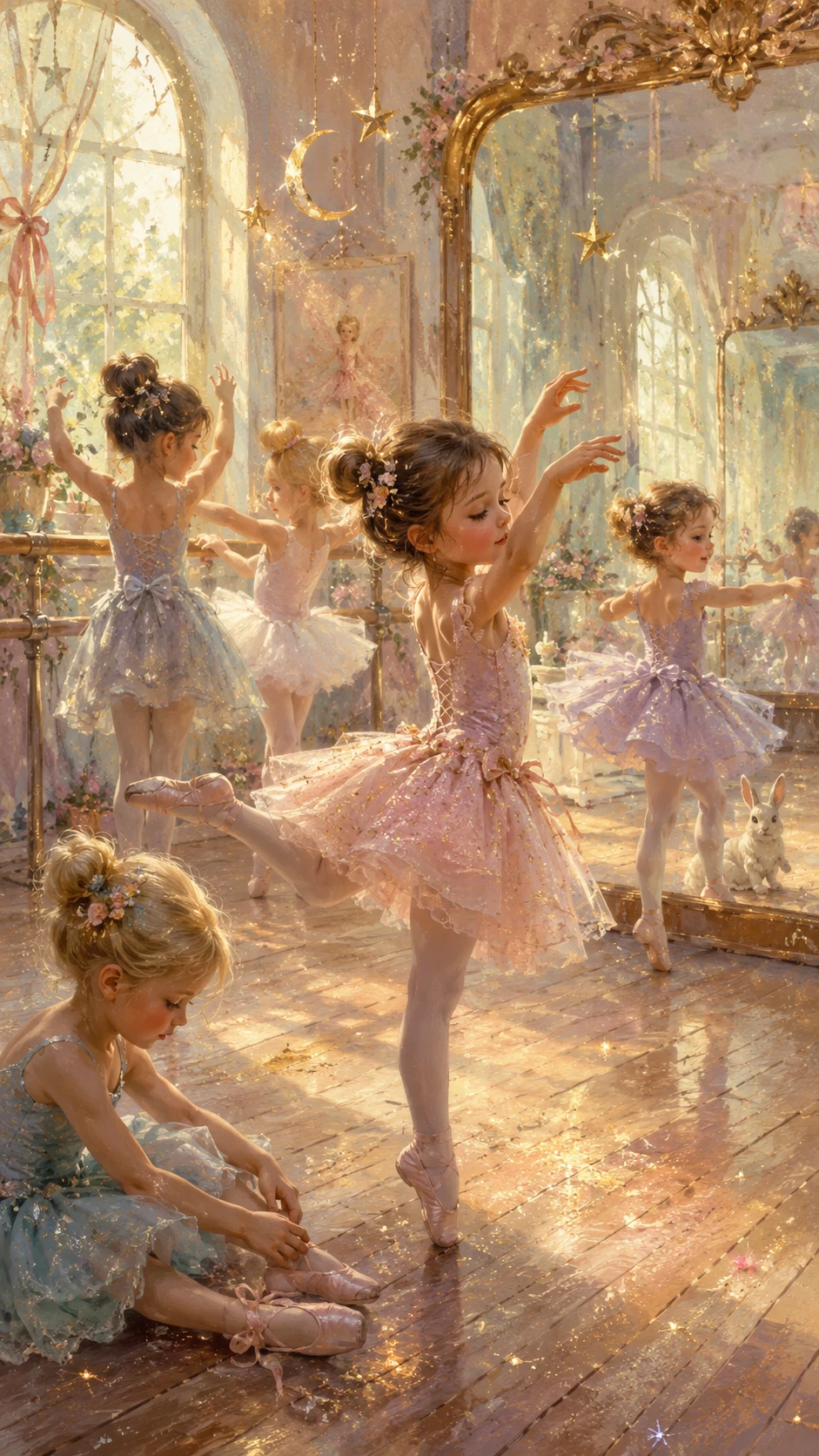 Niños pequeños practicando ballet en un luminoso estudio de danza