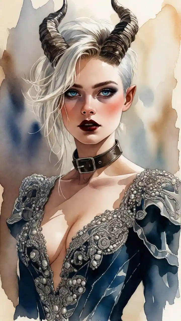 Elegant tiefling woman in dark baroque blue gown