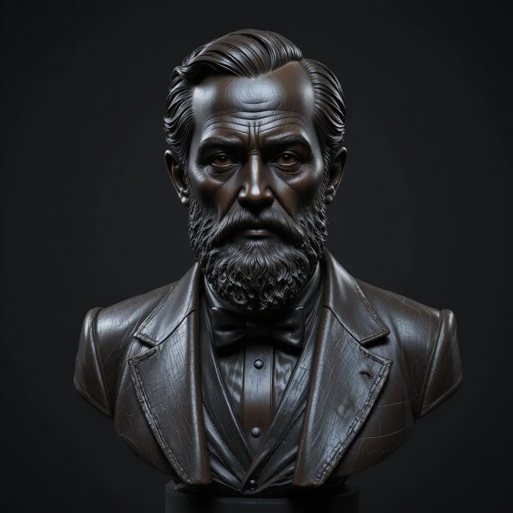 Bronze bust of a stern bearded gentleman in studio lighting