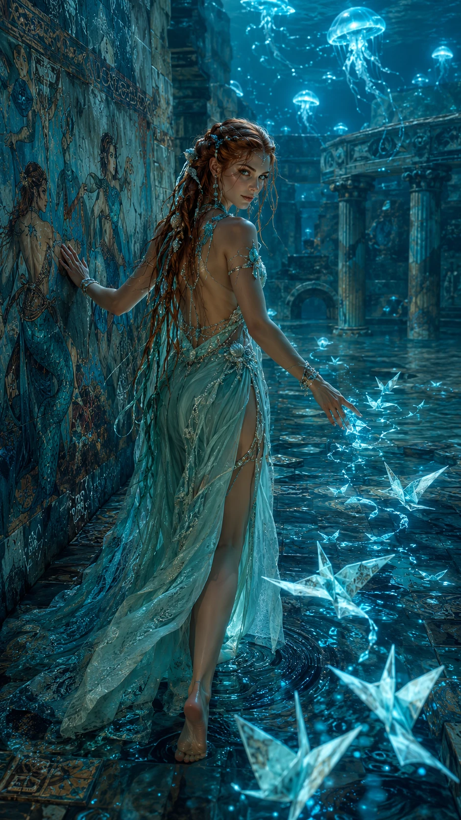 Water nymph princess walking through ancient flooded ruins