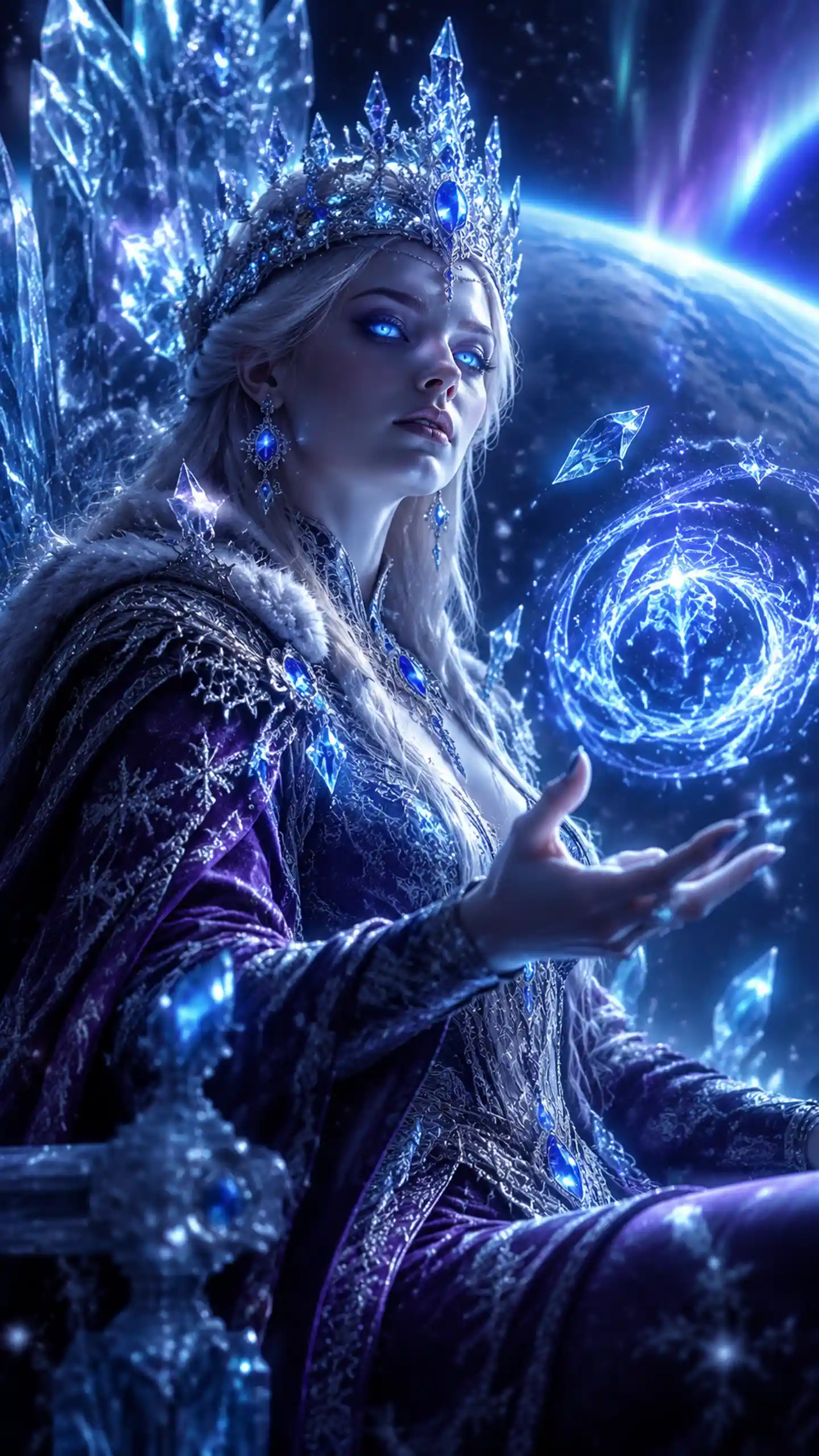 Crystal oracle queen on an icy throne above Earth
