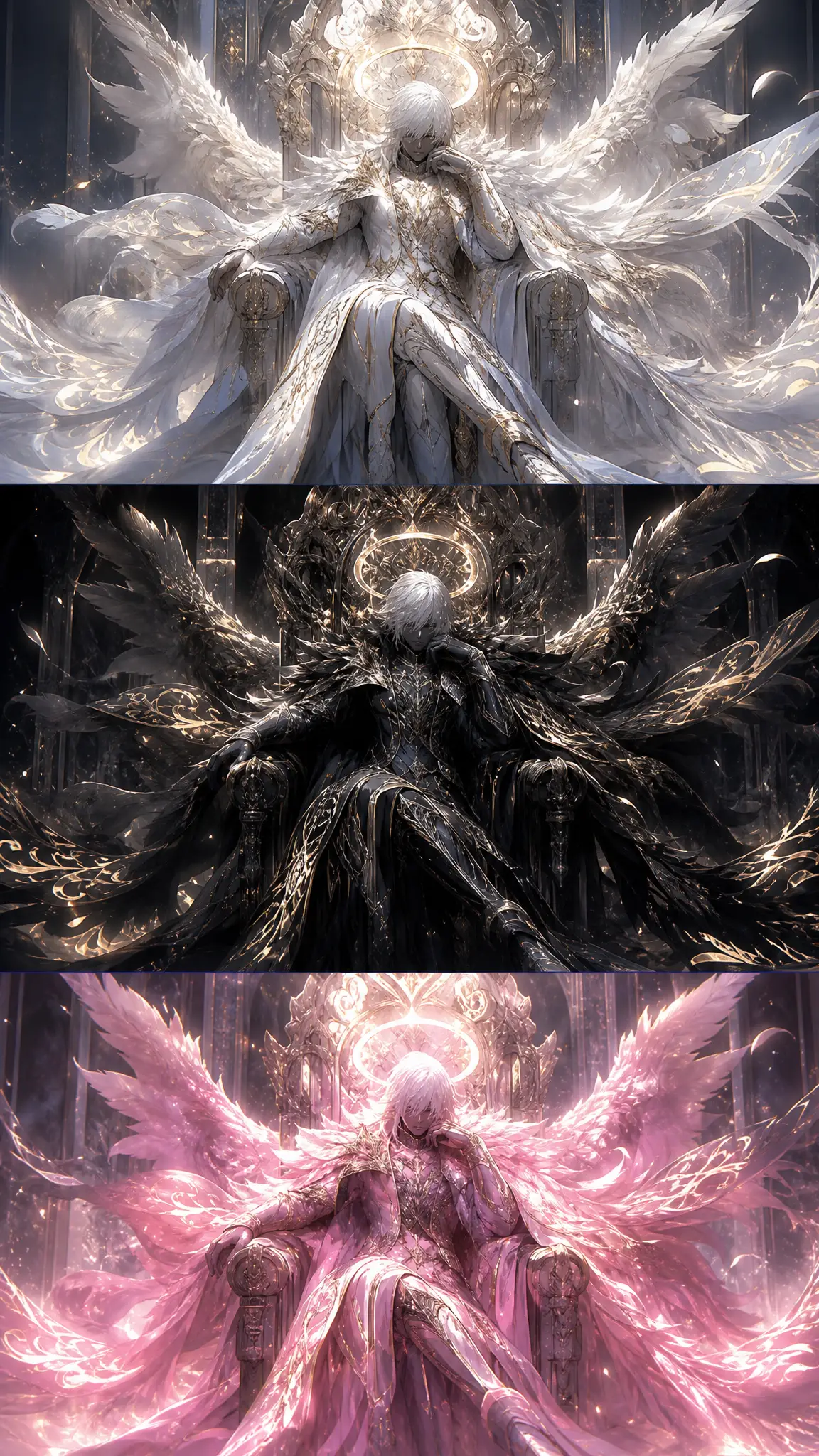 Otherworldly paladin with glowing halo on ornate throne