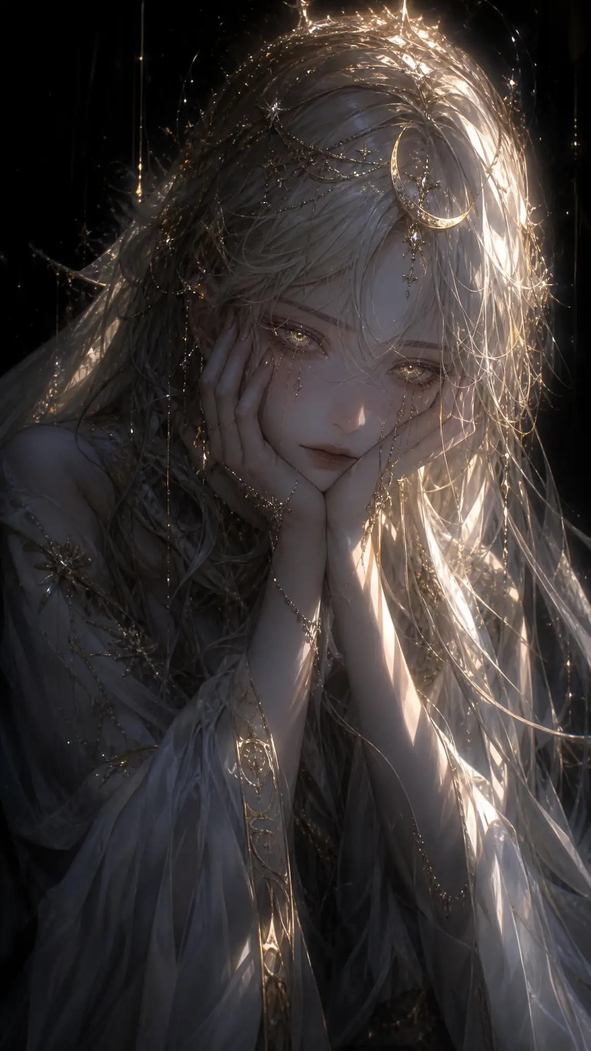 Melancholic girl with glowing hair in a dark fantasy aura