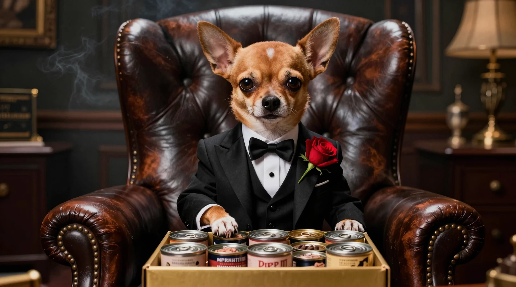 Tiny mafia chihuahua in tuxedo on grand office chair