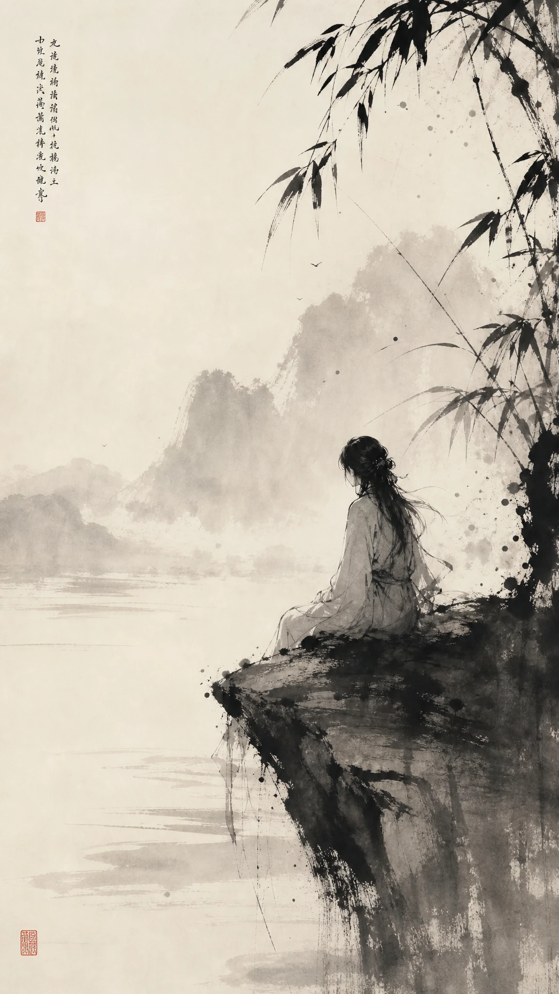 Lonely girl in expressive Japanese ink painting portrait