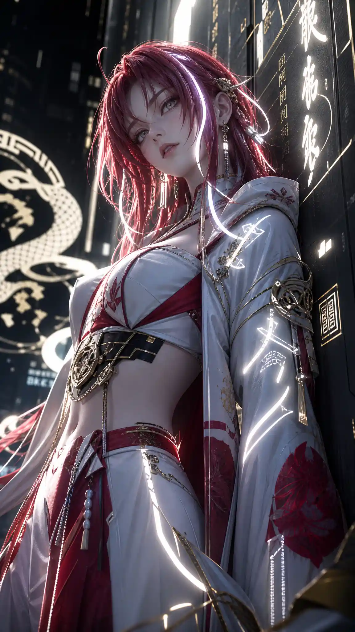 Cyberpunk anime woman arched against a glowing wall