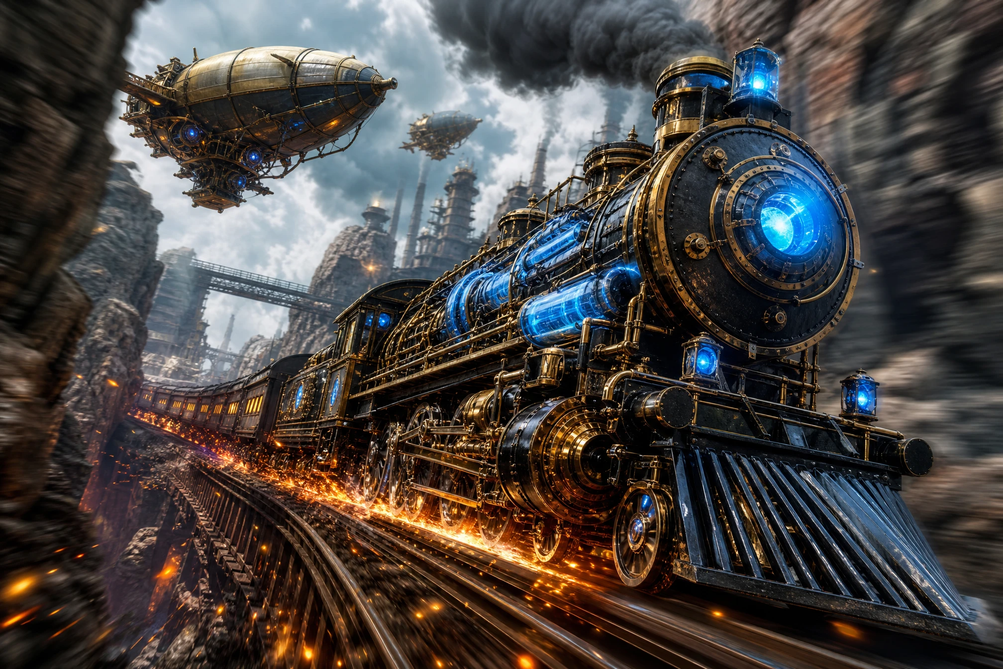 Steampunk train racing through a jagged fantasy canyon