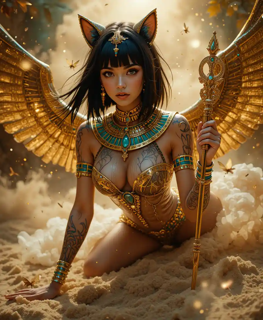 Egyptian inspired fantasy woman with glowing sand aura