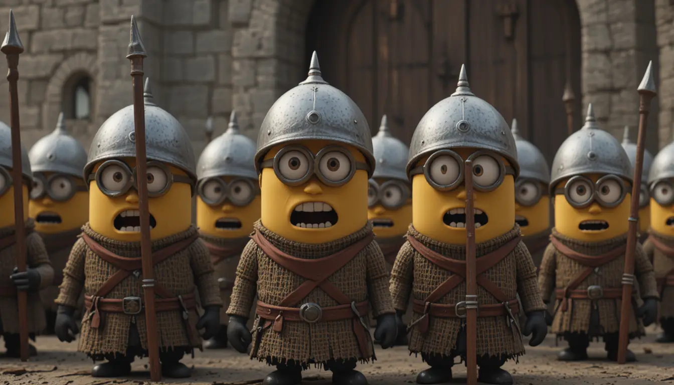 Minion soldiers gathered in a medieval castle courtyard