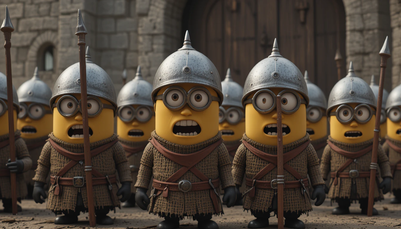 Minion soldiers gathered in a medieval castle courtyard