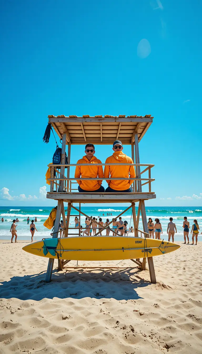 Lifeguards on a raised tower watching a busy summer beach