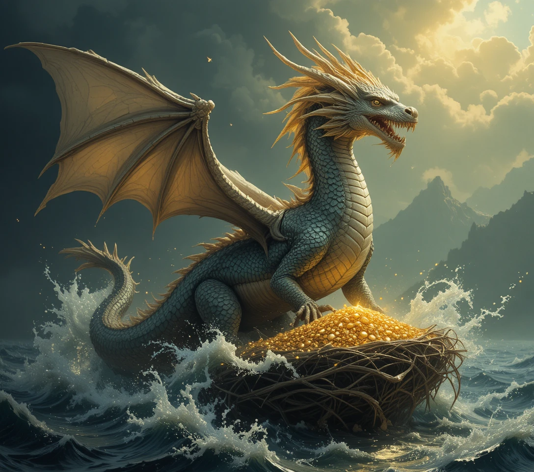 Majestic dragon rising above the sea with golden treasure