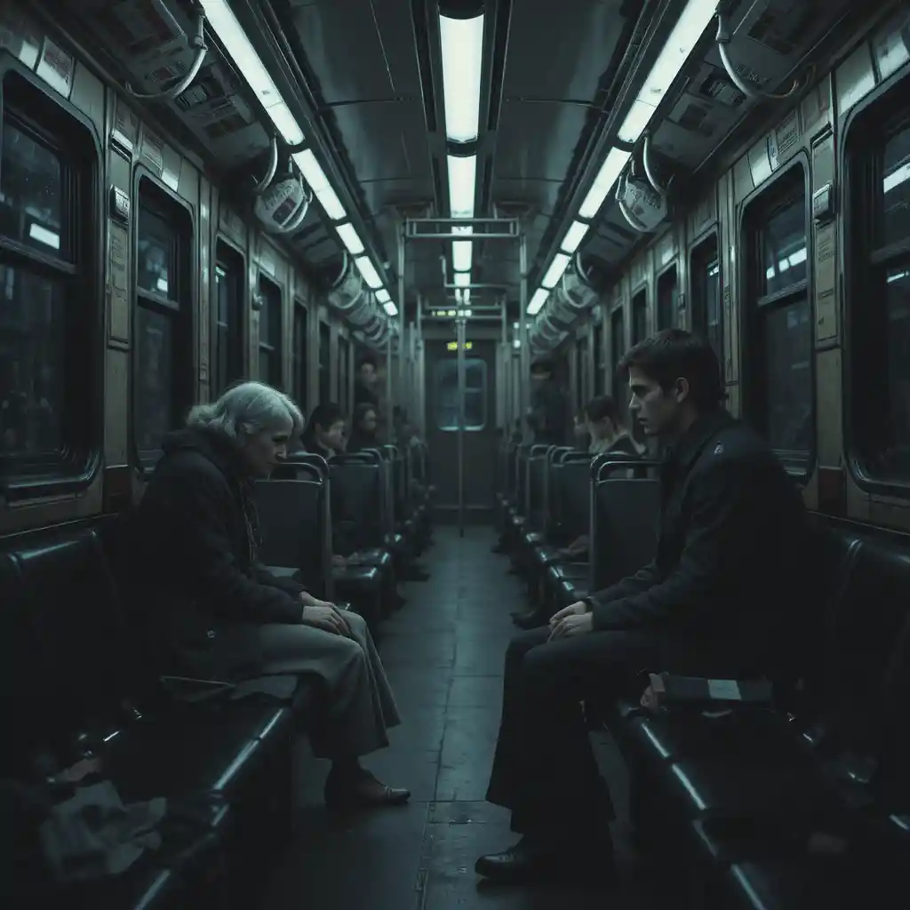 Little girl alone in a dark flickering train carriage