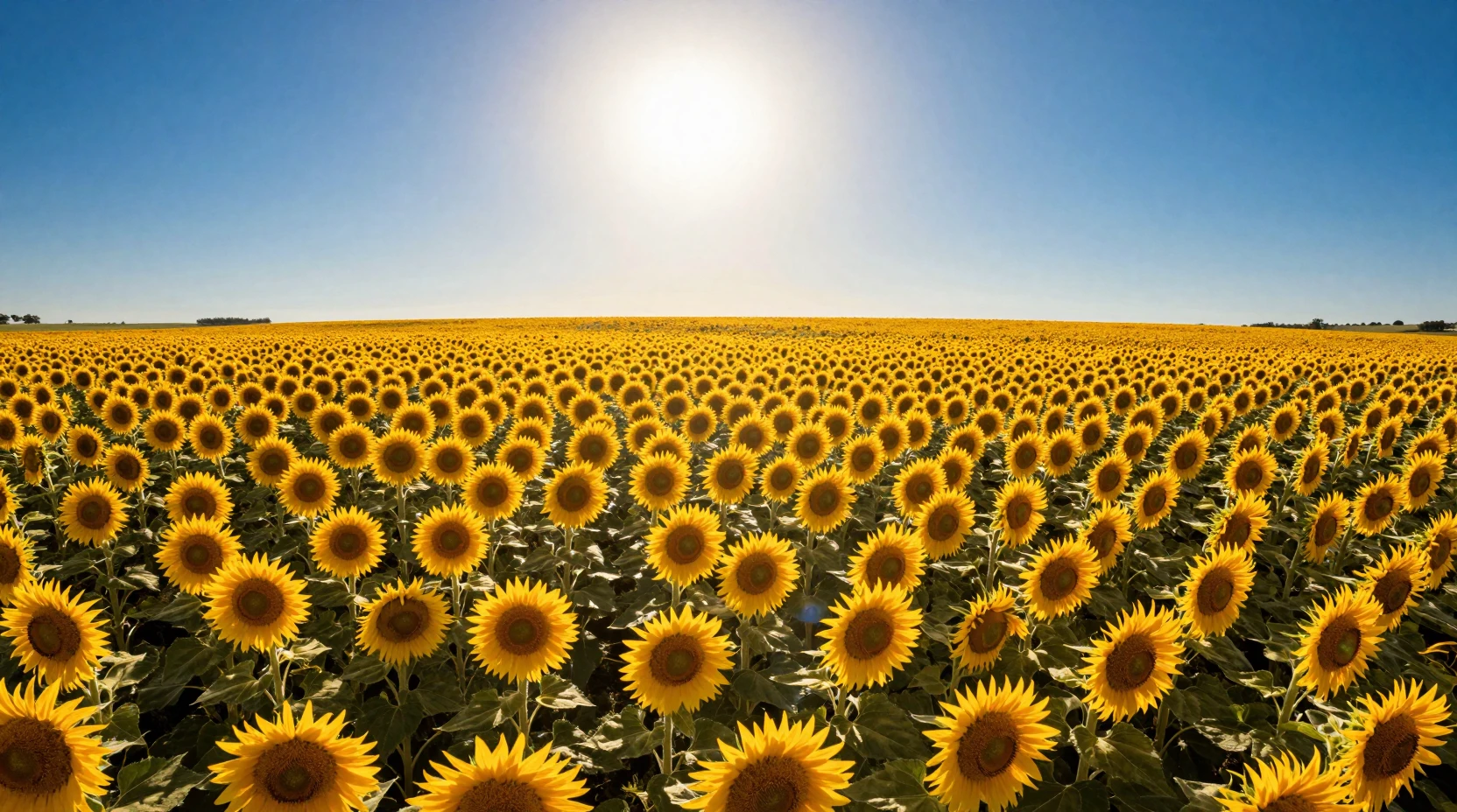 Sunlit sunflower field at summer solstice under deep blue sky