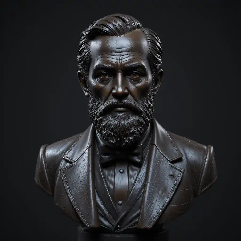 Bronze bust of a stern bearded gentleman in studio lighting