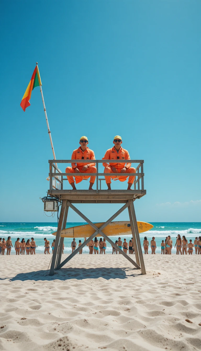Lifeguards on elevated tower watching a crowded summer beach
