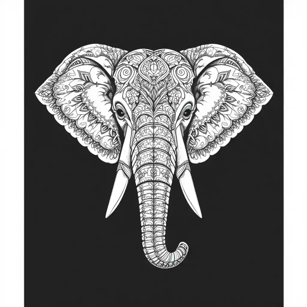 Stylized mandala elephant head with symmetrical black line art