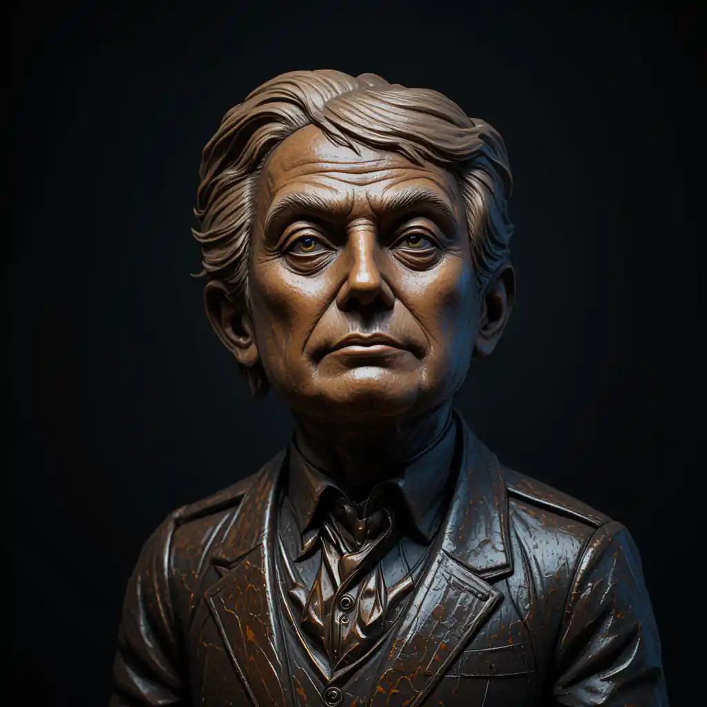 Bronze bust of an older man in bow tie on dark background