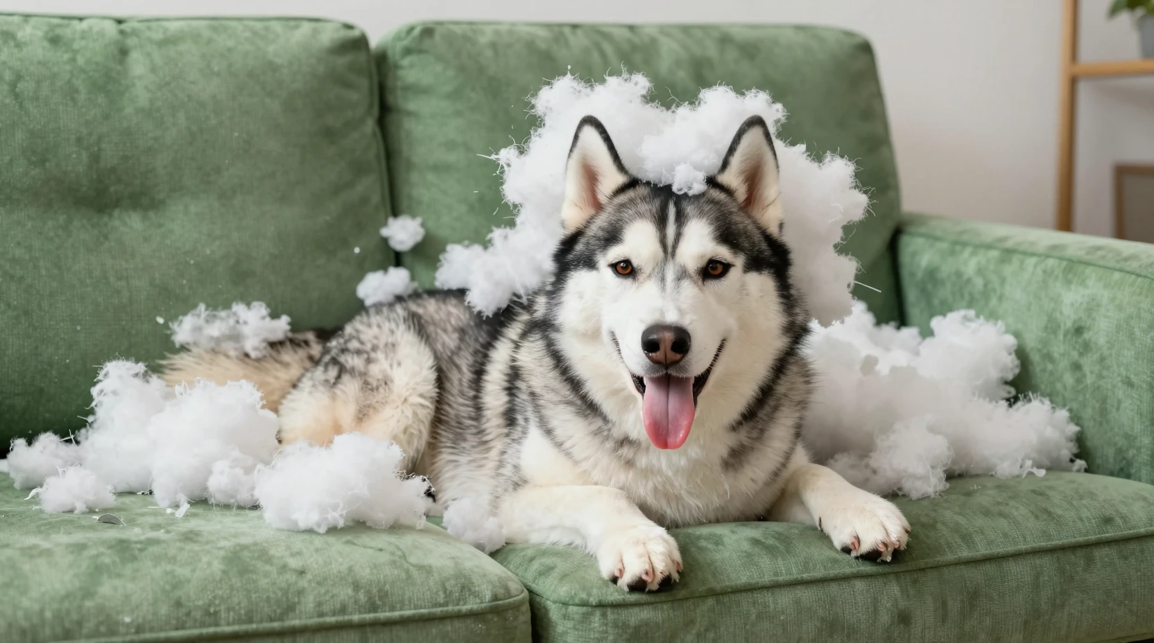 Goofy Husky Stuck In Sofa Amid Living Room Chaos