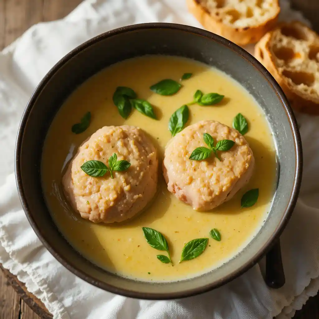Creamy chicken soup bowl with toast on light table